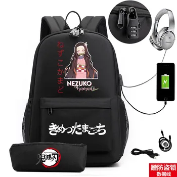 Школьная сумка с принтом Demon Slayer, студенческий аниме-рюкзак, USB-сумка, дорожная сумка, компьютерная сумка, пенал для карандашей