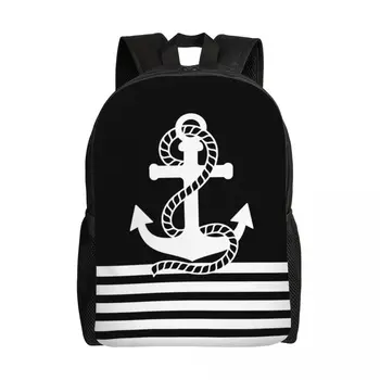 Черно-белый рюкзак в морскую полоску и с якорем для мальчиков и девочек, дорожные сумки для колледжа и школы, сумка для ноутбука с диагональю 15 дюймов