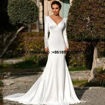 Свадебное платье Русалка из эластичного атласа с аппликацией, длинные рукава, свадебное платье без спинки, кружевной шлейф.