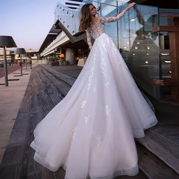 Романтическое свадебное платье трапециевидной формы 2023, свадебное платье с длинными рукавами, кружевная аппликация на пуговицах сзади, женская официальная одежда для вечеринок, Белая слоновая кость