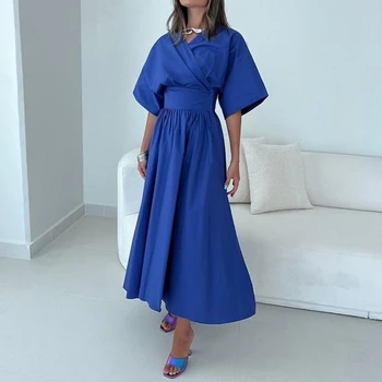 Элегантные вечерние платья Carolina с V-образным вырезом, Синие полурукавики, Открытая спина, Трапециевидное простое винтажное вечернее платье Robe De Mariée, женское платье