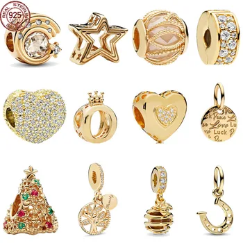 Новая золотая серия, серебро 925 пробы, классическая подвеска в виде рождественской елки и звезды, подходит к оригинальному браслету Pandora, ювелирный подарок своими руками
