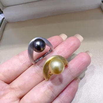 MeiBaPJ 9-10 мм Натуральное Круглое кольцо с золотым жемчугом, кольцо из стерлингового серебра 925 пробы, держатель, Изысканные свадебные украшения для женщин