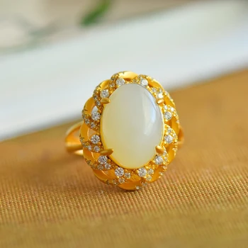 Классические и элегантные кольца для женщин, обручальное кольцо из натурального хотанского белого нефрита с хрустальным цветком, ювелирные изделия из древнего золота, подарок