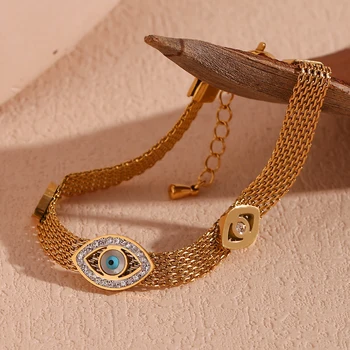 Плетеный сетчатый браслет-цепочка Three Eyes из страз, водонепроницаемые женские браслеты для рук из нержавеющей стали 316L с покрытием из 18-каратного золота