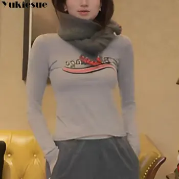 Художественный стиль, стрейчевый базовый пуловер, облегающие топы с круглым вырезом, летняя новинка, тонкие женские футболки с длинными рукавами и принтом, корейские футболки Y2k