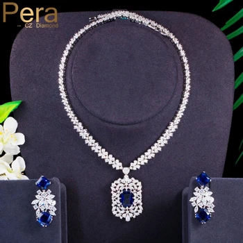 Pera Luxury Royal Blue Cubic Zirconia Для новобрачных, Большой квадратный кулон, ожерелье, Серьги, Наборы бижутерии для женщин J401