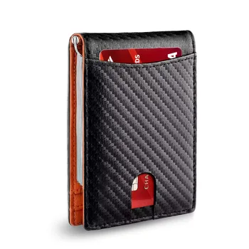 Минималистичный тонкий мужской кошелек с зажимом для денег, блокирующий RFID Передний карман, Кожаный держатель для кредитных карт из углеродного волокна, мужские кошельки