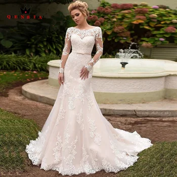Элегантные платья невесты с длинными рукавами, с круглым вырезом, на шнуровке сзади, Тюлевое Свадебное платье Русалки, Кружевное Vestidos De Novia ZQ03