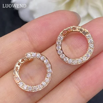 Серьги LUOWEND из белого или розового золота 18 Карат, блестящий элегантный дизайн, серьги-кольца с настоящими натуральными бриллиантами для женщин, свадебные украшения