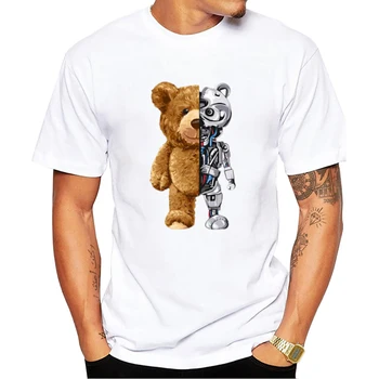 Винтажные мужские футболки с черепом медведя, летняя футболка с принтом робота в стиле ретро, крутые топы, повседневная футболка