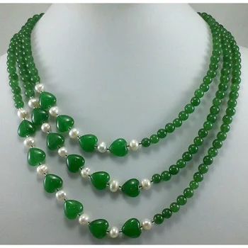 3 ряда 6 мм зеленого нефрита и 12 мм зеленого КРАСНОГО нефрита Ожерелье из белого жемчуга в форме сердца 17 “-19”