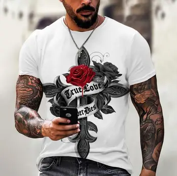 Модная мужская футболка с принтом в виде креста и розы, свободные топы с круглым вырезом, Дышащая Удобная летняя одежда y2k оверсайз для мужчин