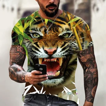 Мужская новая весенне-летняя футболка с животным рисунком, 3D принтом тигровой лошади, в диком стиле, круглый вырез, короткий рукав, футболка оверсайз