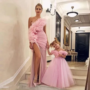 Розовые платья для девочек-цветочниц для свадебной вечеринки С оборками на одно плечо, длинное тюлевое платье принцессы для выпускного вечера, детское платье на День рождения.
