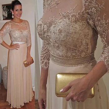 Кружевное платье для матери невесты цвета шампанского Плюс Размер, прозрачное платье для выпускного вечера с круглым вырезом, расшитое бисером, трапециевидное платье длиной до пола, длинное шифоновое вечернее платье