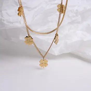 Многослойное ожерелье из 4-листового клевера с цветочным шармом из нержавеющей стали для женщин, модная цепочка, Ювелирный подарок золотого цвета на женскую свадьбу