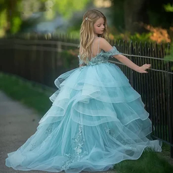 Летние платья для девочек с открытыми плечами, пышное платье принцессы из тюля для Первого причастия, Дня рождения, Милое детское платье