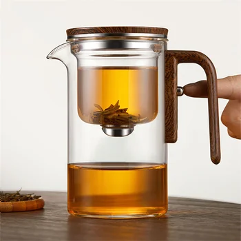 Магнитный переключатель для разделения чая в один клик, Стеклянный чайник для разделения чая и воды с деревянной ручкой, Внутренний контейнер для разделения чая и воды, Чайник