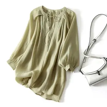 Французская винтажная рубашка Tencel, женская рубашка с V-образным вырезом, на шнуровке, для пригородных поездок, уменьшающая возраст, Топ средней длины, Тонкая Свободная Солнцезащитная блузка, Женская одежда