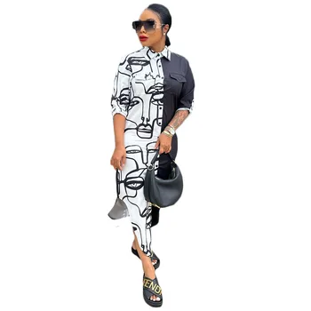 Африканское платье-рубашка, Женские халаты с отложным воротником длиной до середины икры, Модный принт в стиле пэчворк, Повседневное Офисное Женское Длинное Африканское платье
