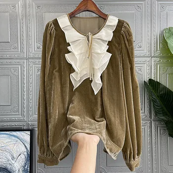 Модный темпераментный воротник с рюшами, шелковая бархатная рубашка с длинными рукавами, женская одежда для официальных мероприятий, элегантная футболка, тонкая женская одежда