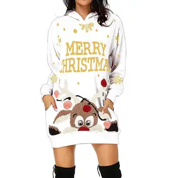 Женский свитер с длинными рукавами и рождественской юбкой с капюшоном с принтом лося