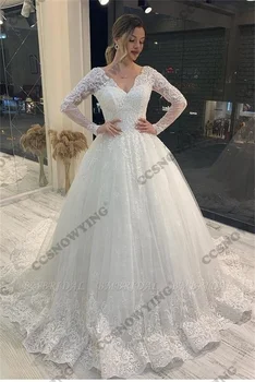 Роскошные кружевные аппликации, свадебное платье с длинным рукавом для невесты, свадебные платья с V-образным вырезом, женское арабское свадебное платье