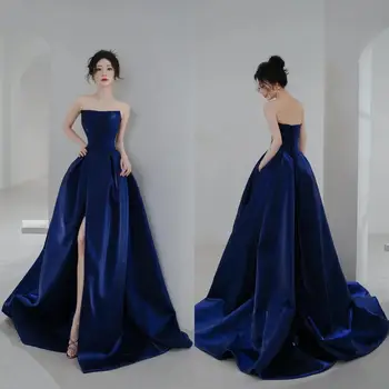 14964 #IENA Элегантные вечерние платья королевского синего цвета для выпускного вечера, вечернее платье трапециевидной формы с высоким разрезом, атласные платья для коктейлей без бретелек