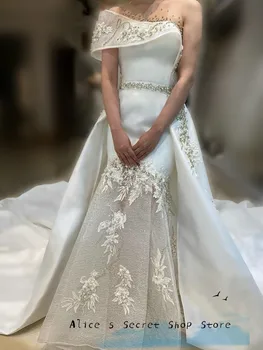 Изысканные аппликации, Свадебное платье трапециевидной формы 2023, Высокий вырез на одно плечо С искрящимся бисером Для невесты, Свадебное платье на заказ