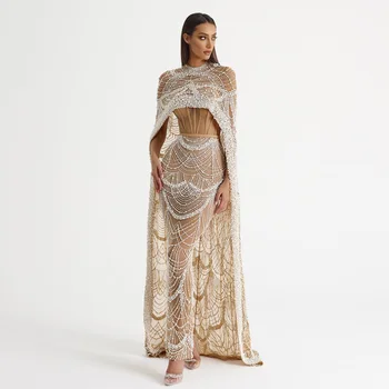 Sharon Said 2023 Новое Арабское женское свадебное платье-русалка с роскошным жемчугом, Вечерние платья для выпускного вечера в Дубае с шампанским и накидкой SS369