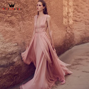 Розовое платье для выпускного вечера трапециевидного силуэта, элегантные длинные вечерние платья 2022 года, шифоновые платья для выпускного вечера с V-образным вырезом Abiye Gece Elbisesi IO25