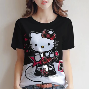 Хлопковая футболка с рисунком Hello Kitty Женская Летняя Свободная Повседневная уличная одежда Топы с коротким рукавом Модная одежда в стиле харадзюку для девочек