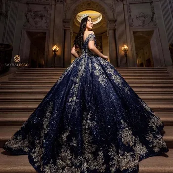 Королевские синие Пышные платья для выпускного вечера с открытыми плечами Princess Sweet 16 Бисерных Аппликаций корсет Vestido 15 Anos