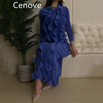 Синее выпускное платье Cenove с высоким воротом, Длинные рукава из ткани, Длина по щиколотку, Вечернее Летнее Элегантное вечернее платье для женщин 2023 г.