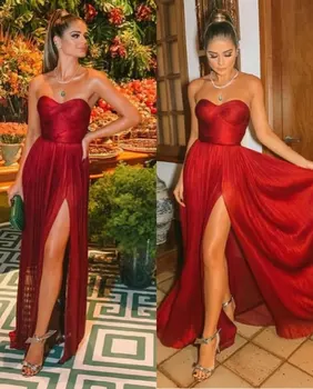 Красные платья для выпускного вечера, трапециевидные, без рукавов, со складками сбоку, с разрезом по бокам, Красивое вечернее платье Длиной до пола, вечерние платья для женщин