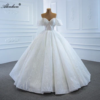 Alonlivn Милая Роскошное Блестящее Кружевное Бальное Платье, Свадебные Платья С Открытыми Плечами, Свадебные Юбки