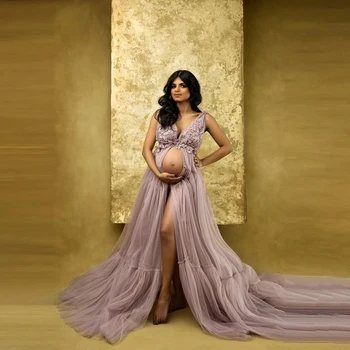 Цветочные аппликации Платья для беременных с V-образным вырезом и открытой передней частью Из тюля трапециевидной формы Без рукавов Платья для фотосессии беременных