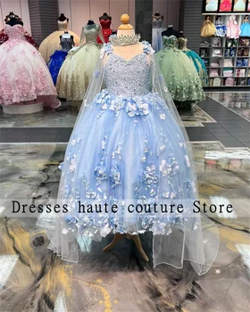 Роскошное синее 3D Платье с цветочным узором для девочек 2023 Года с аппликацией из бисера, Бальные платья, Детское платье, Корсет для первого причастия