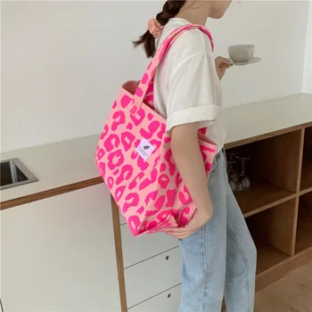 Розовая леопардовая сумка через плечо, женская повседневная сумка большой емкости, женские милые холщовые сумки, сумка-ведро