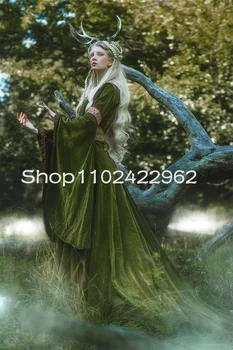 Темно-зеленые бархатные вечерние платья в стиле средневековой фэнтези, Фея с длинным рукавом, расшитые бисером, косплей, эльфийский костюм, платья для выпускного вечера