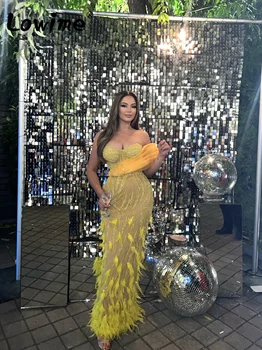 Арабское вечернее платье с перьями длиной до щиколоток, желтые блестки, кристалл, вечерние платья на одно плечо для женщин 2023, индивидуальные платья для выпускного вечера