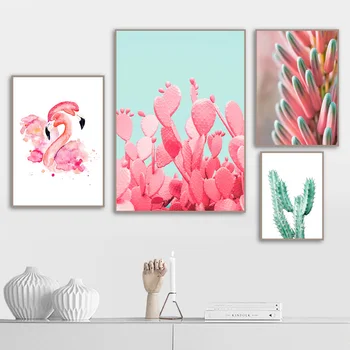 Розовый Кактус, цветок Фламинго, пейзаж, настенная живопись, плакаты на скандинавскую тему и принты, настенная картина для гостиной, настраиваемая