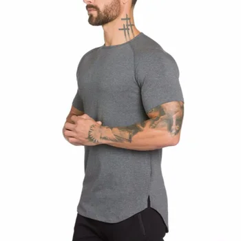 Однотонная мужская длинная дышащая спортивная футболка для фитнеса, Модная мужская приталенная Летняя мужская футболка для фитнеса с короткими рукавами
