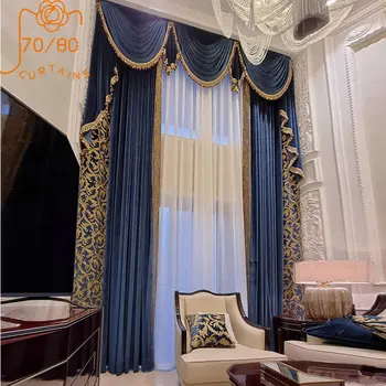 Вилла Палас, высокие окна, Кружево с золотой вышивкой, синие бархатные шторы для гостиной, спальни высокого класса во французском барокко