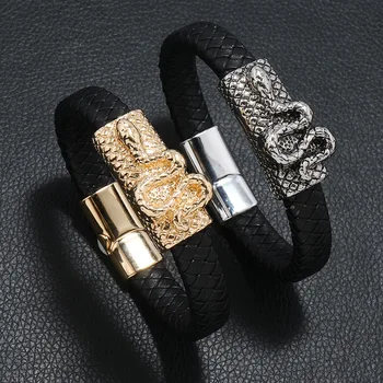 Винтажный браслет из натуральной кожи для мужчин, панк-браслет со змеей, браслет с магнитной пряжкой из легированной стали, ювелирные изделия для мужчин
