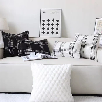 Геометрический тканый чехол для подушки в клетку, Черно-белые утолщенные наволочки, связанные крючком, Декоративная наволочка для дивана в гостиной