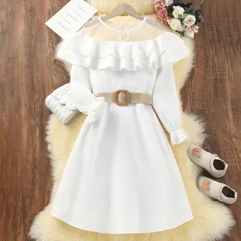 Детское платье с сетчатой строчкой для девочек 2023 года, новое поступление, детские платья принцессы с белыми оборками, элегантное платье с пышными рукавами в европейском стиле