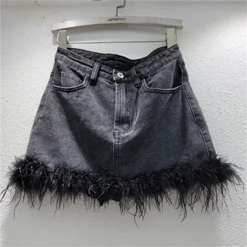 Новая юбка из страусиного волоса с кисточками, черная джинсовая юбка с пайетками, модная мини-юбка, короткая юбка
