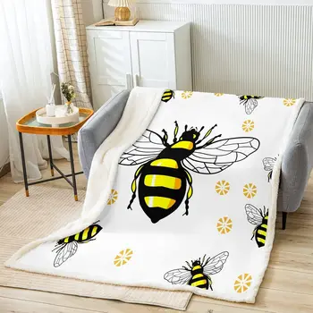 Плюшевое одеяло Yellow Bee, милая пчела с цветочным флисовым пледом, одеяло Honeycomb Bee Sherpa для детей, мальчиков